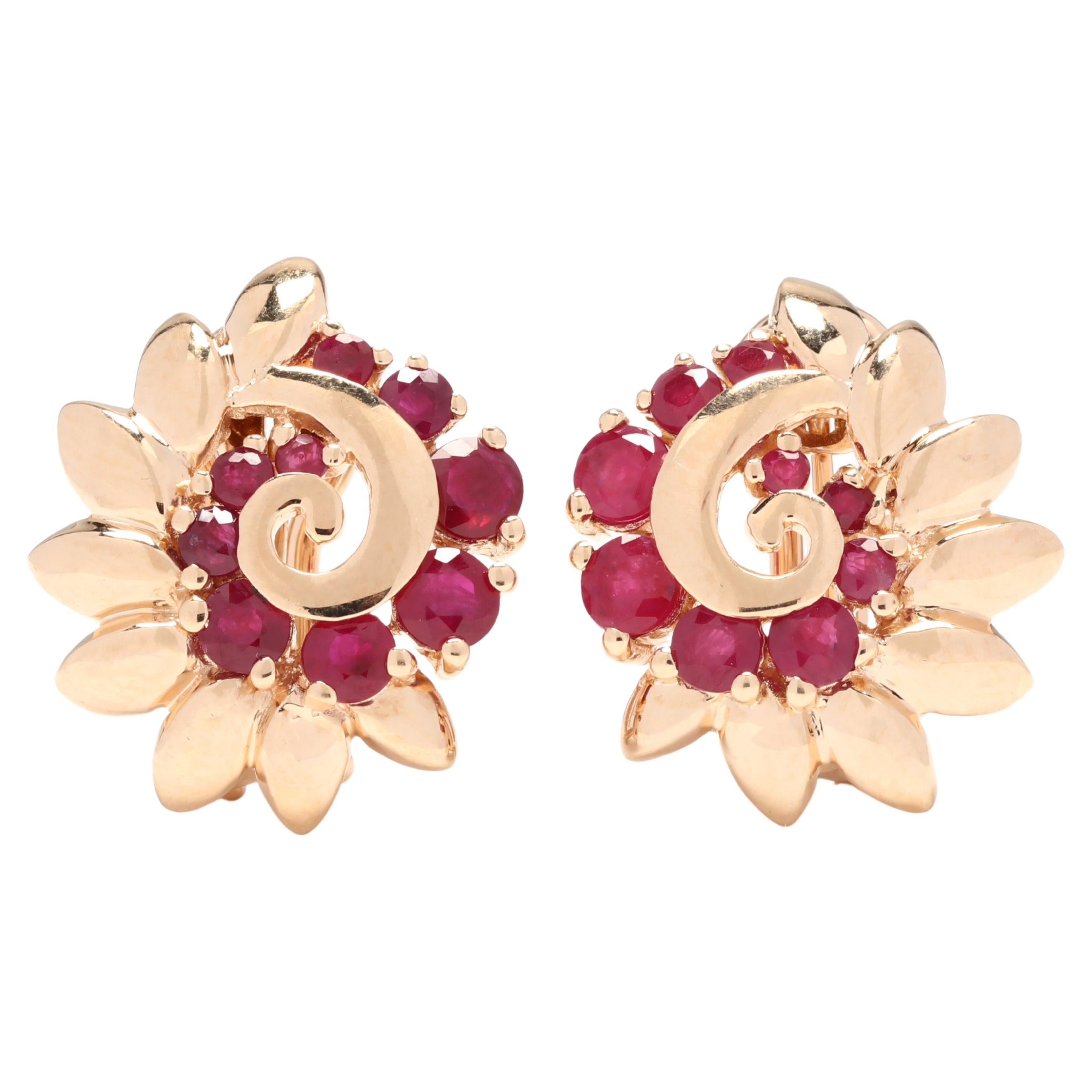 Retro 1ctw Ruby Swirl Earrings, 14KT Yellow Gold