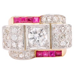 Retro 2 carat total weight diamond ruby 18k yellow gold tank ring