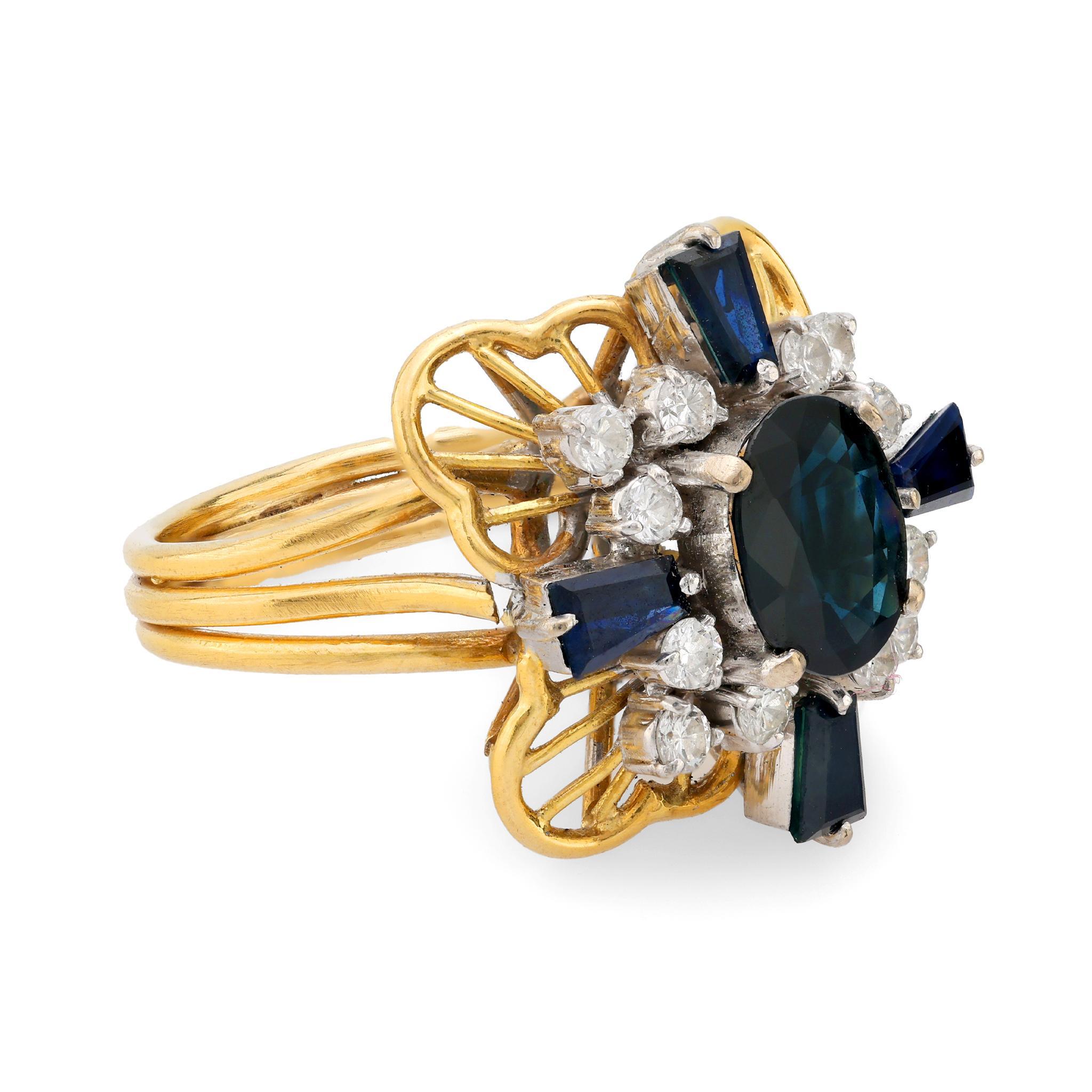 Oval Cut Retro 2 carat total weight sapphire diamond 18k gold cocktail ring For Sale