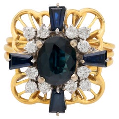 Retro 2 carat total weight sapphire diamond 18k gold cocktail ring