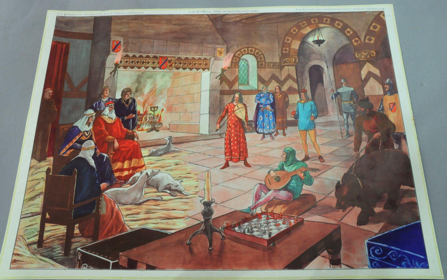 Die doppelseitige Vintage-Wandkarte zeigt den Aufbruch einiger Ritter zu den Kreuzzügen und einen großen Saal im Inneren einer mittelalterlichen Burg. Bunter Druck auf Papier.
Abmessungen:
Breite 76 cm (29,91 Zoll)
Höhe 56cm (22.05