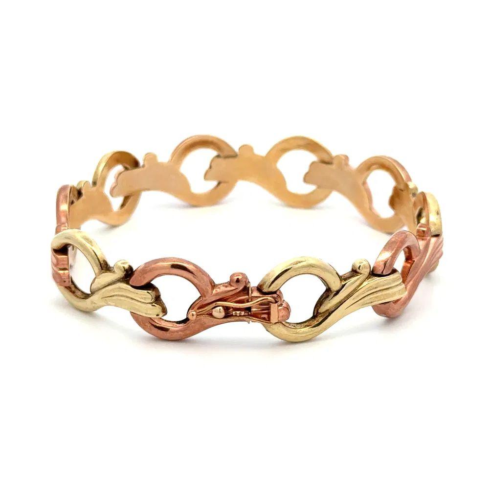 Retro 2-Tone Green and Rose Gold Stylized Link Vintage Bracelet Excellent état - En vente à Montreal, QC