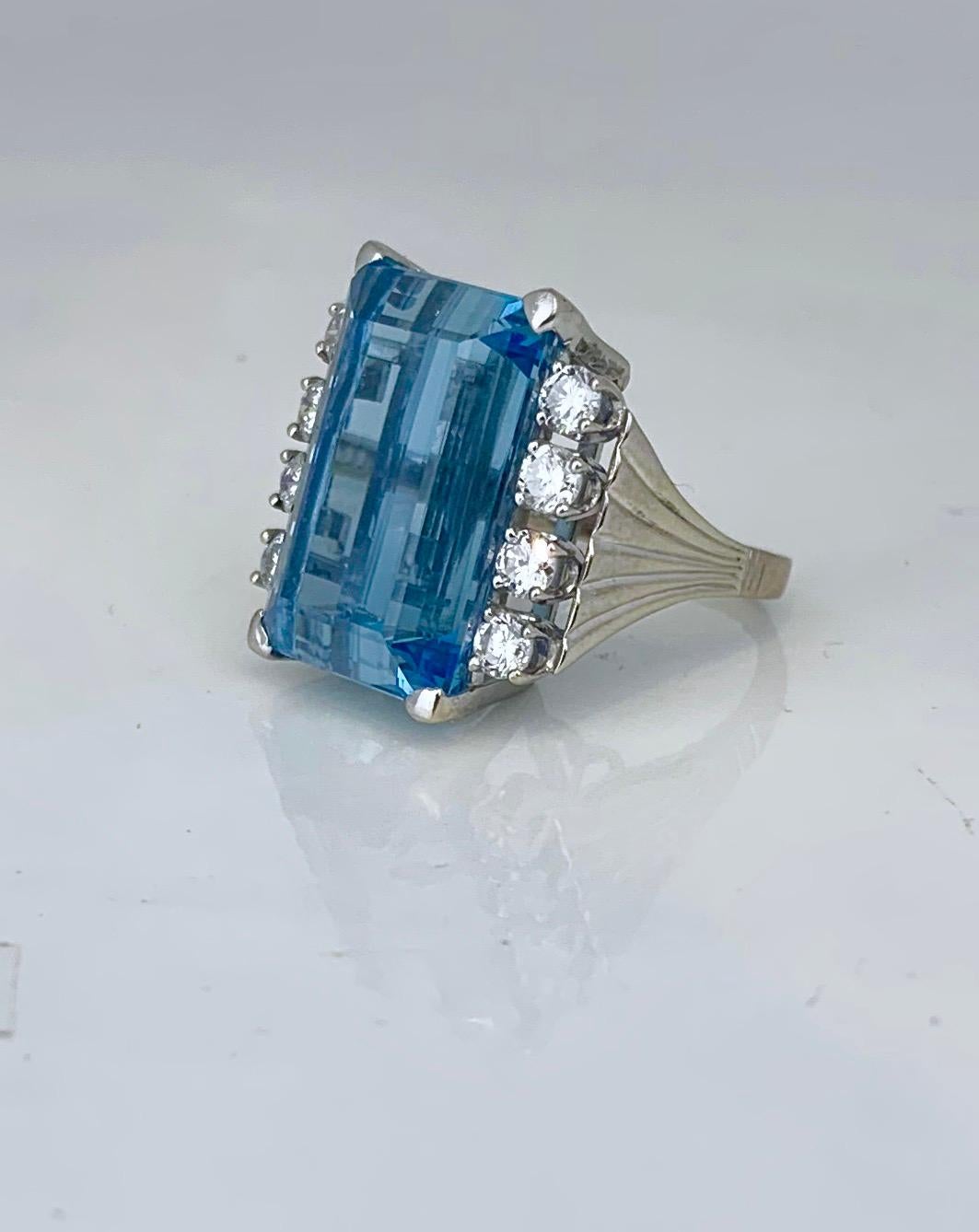 Emerald Cut Retro 20 Carat Aquamarine and Diamond Ring For Sale