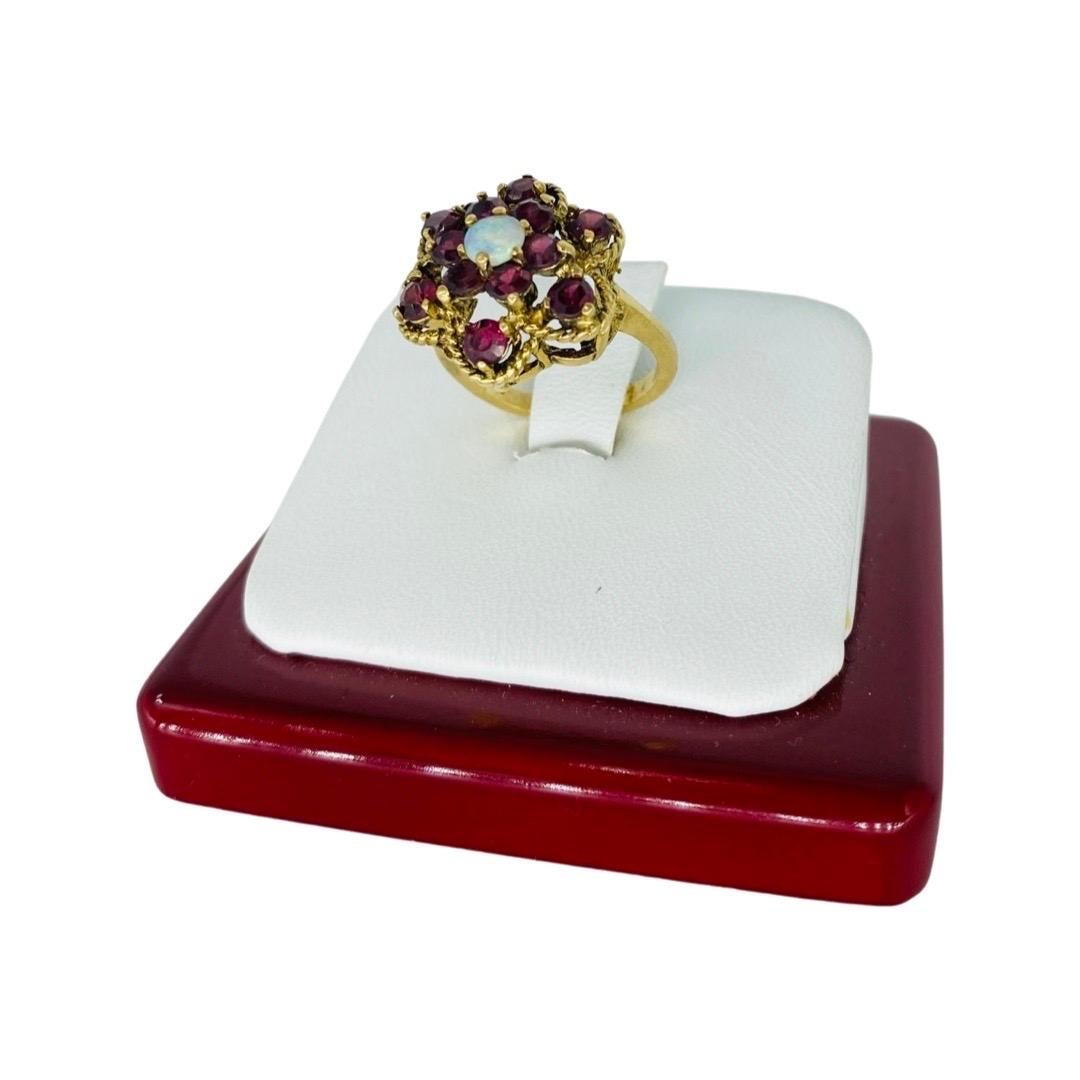 Round Cut Retro 2.00 Carat Total Weight Tourmaline and Opal Cluster Flower Ring 14k For Sale