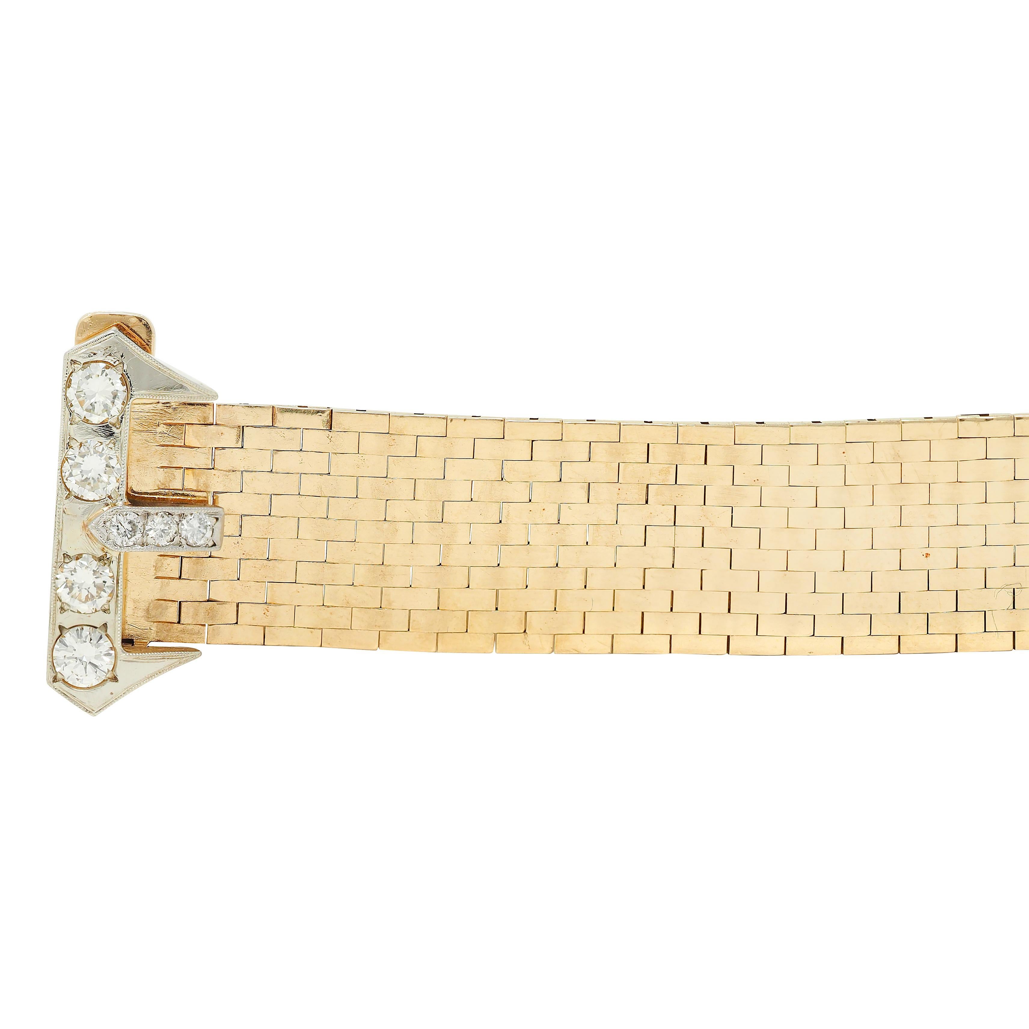Retro 2,00 CTW Diamant 14 Karat zweifarbiges Gold Vintage Mesh-Schnalle-Armband im Zustand „Hervorragend“ im Angebot in Philadelphia, PA