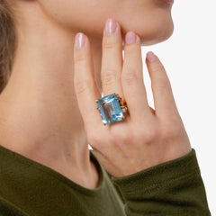 Retro 20.80 carat aquamarine diamond 14k yellow gold cocktail ring