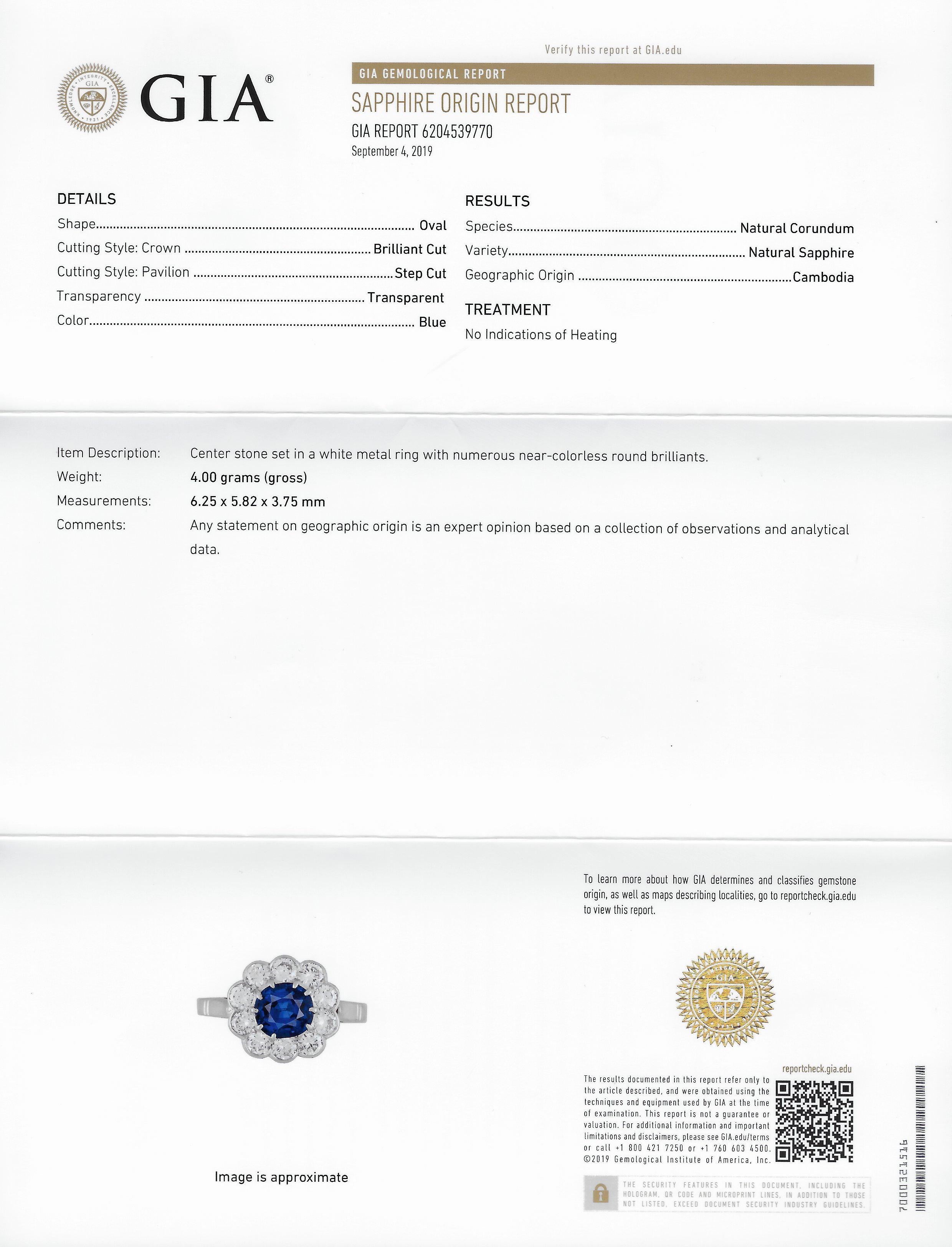 Retro 2.09 Carat No Heat Sapphire Diamond 14 Karat White Gold Cluster Ring GIA 8