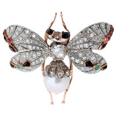 Vintage 20th Butterfly Old Mine cut Diamond 2.02 Ctw Cultured Pearl Platinum 18K