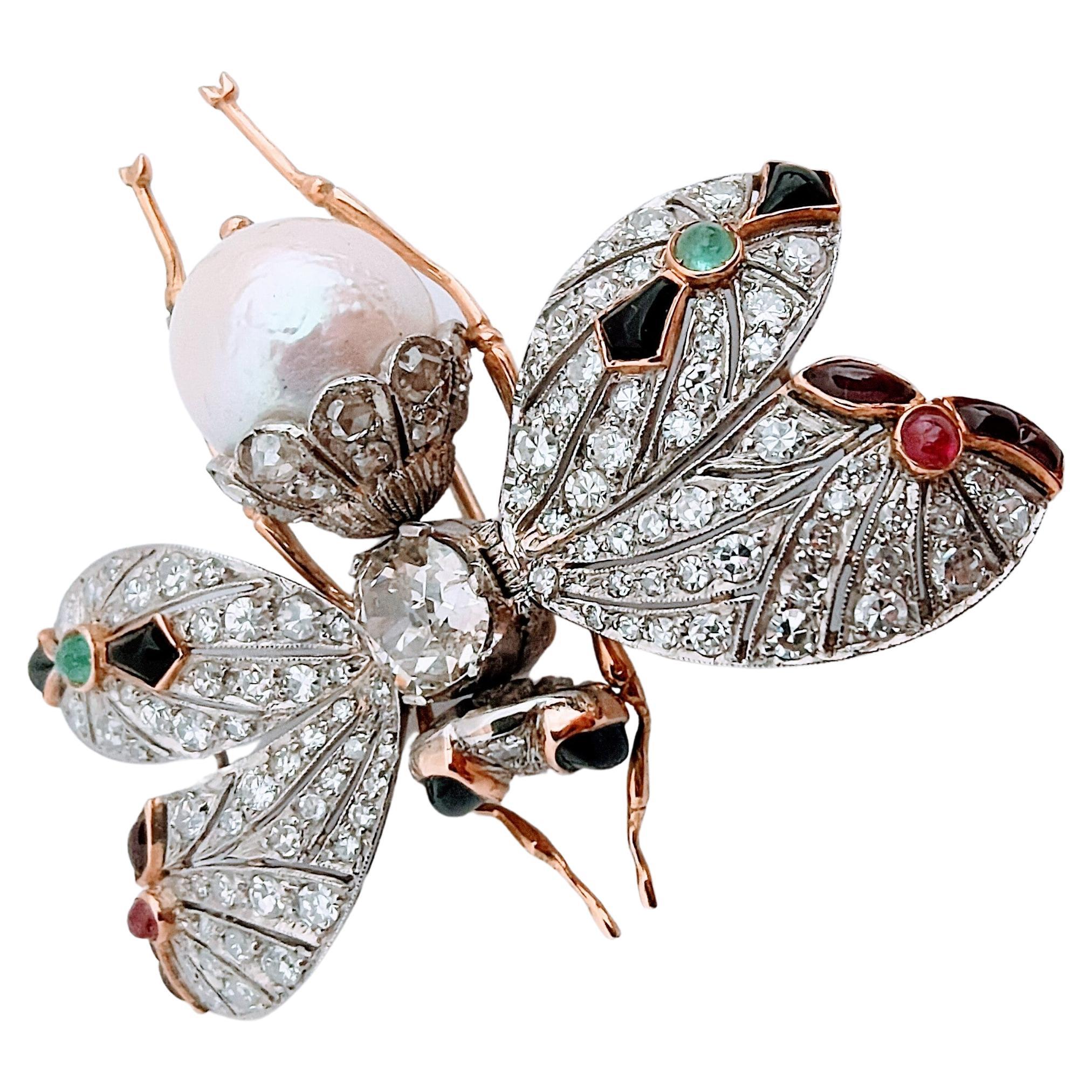 Retro Vintage 20th Butterfly Old Mine cut Diamond 2.02 Ctw Cultured Pearl Platinum 18K For Sale