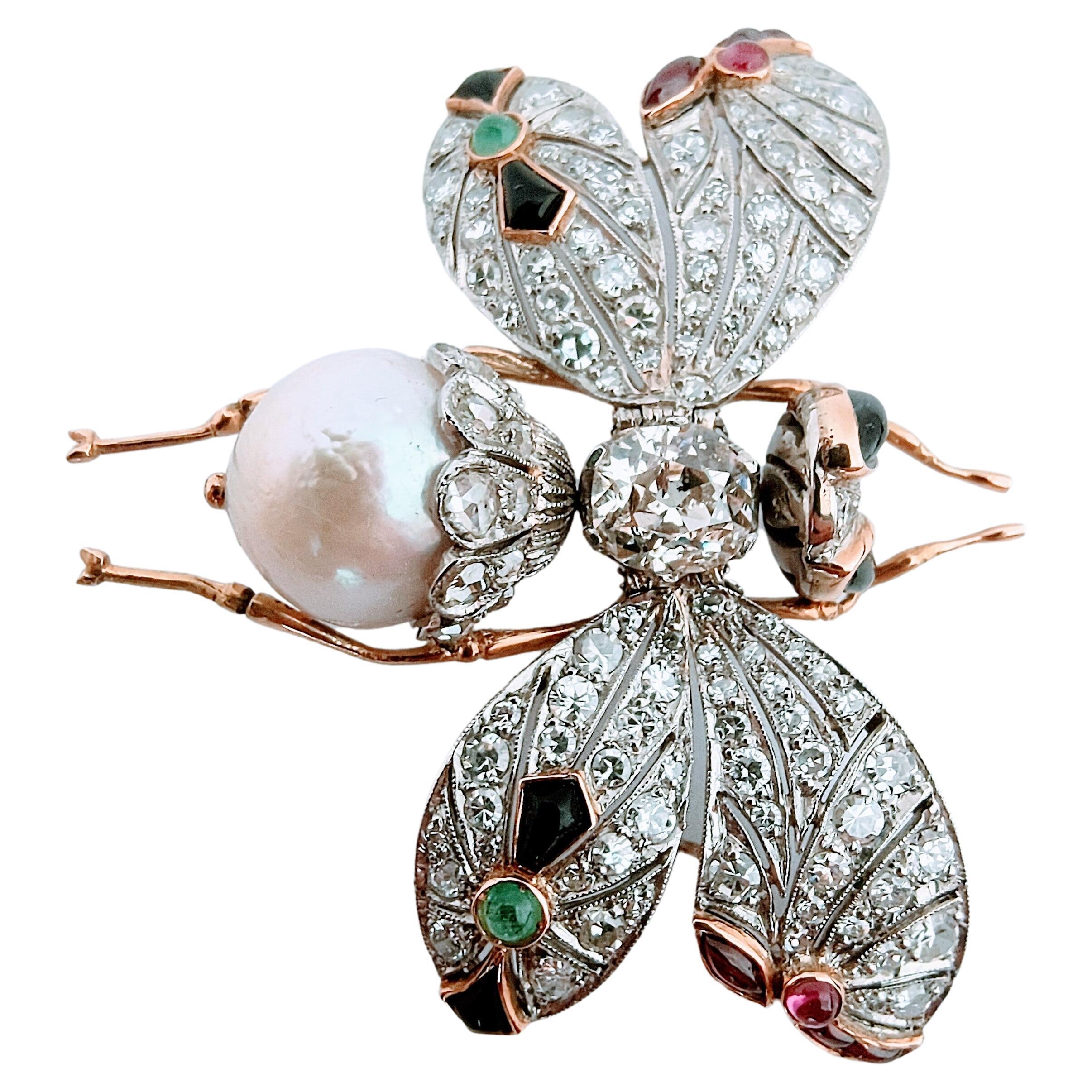 Old Mine Cut Vintage 20th Butterfly Old Mine cut Diamond 2.02 Ctw Cultured Pearl Platinum 18K For Sale