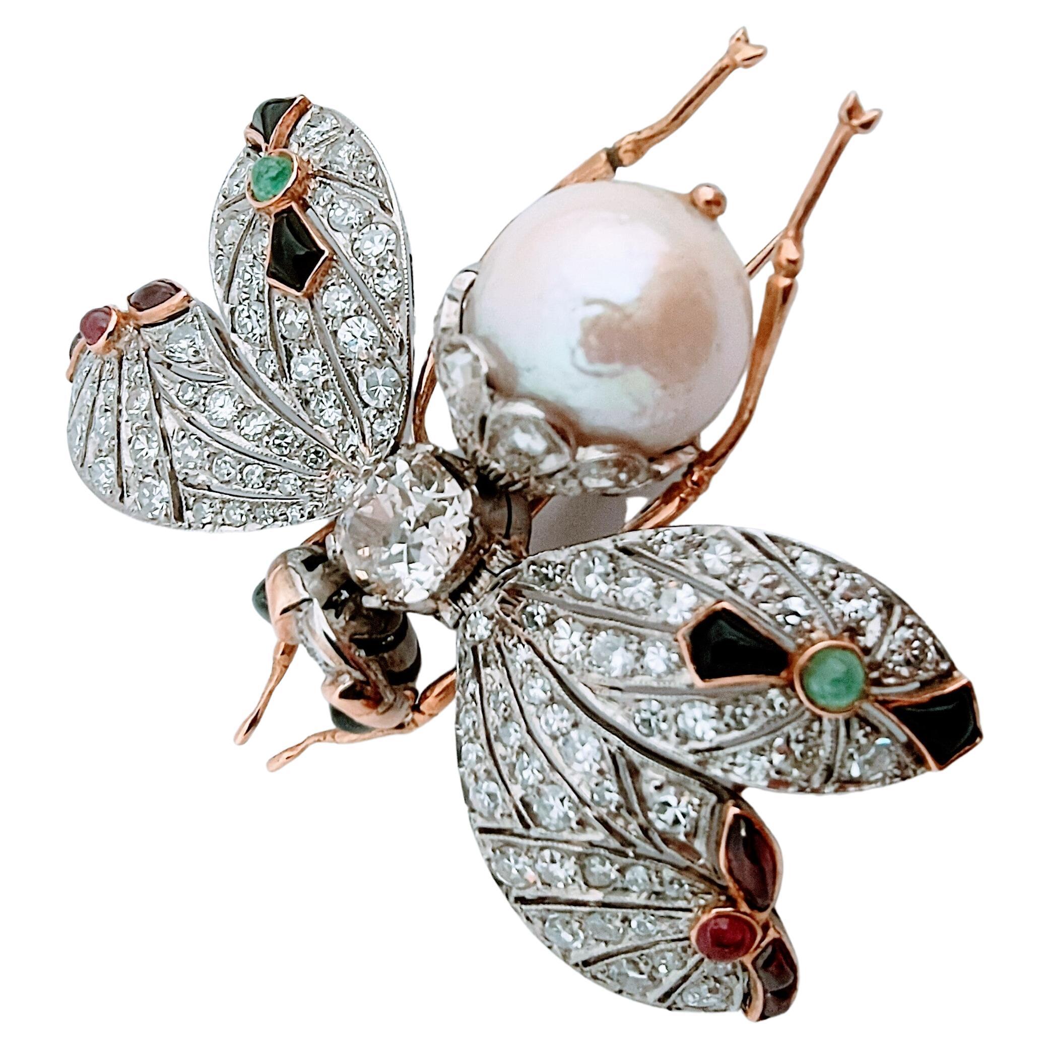 Vintage 20th Butterfly Old Mine cut Diamond 2.02 Ctw Cultured Pearl Platinum 18K For Sale 1