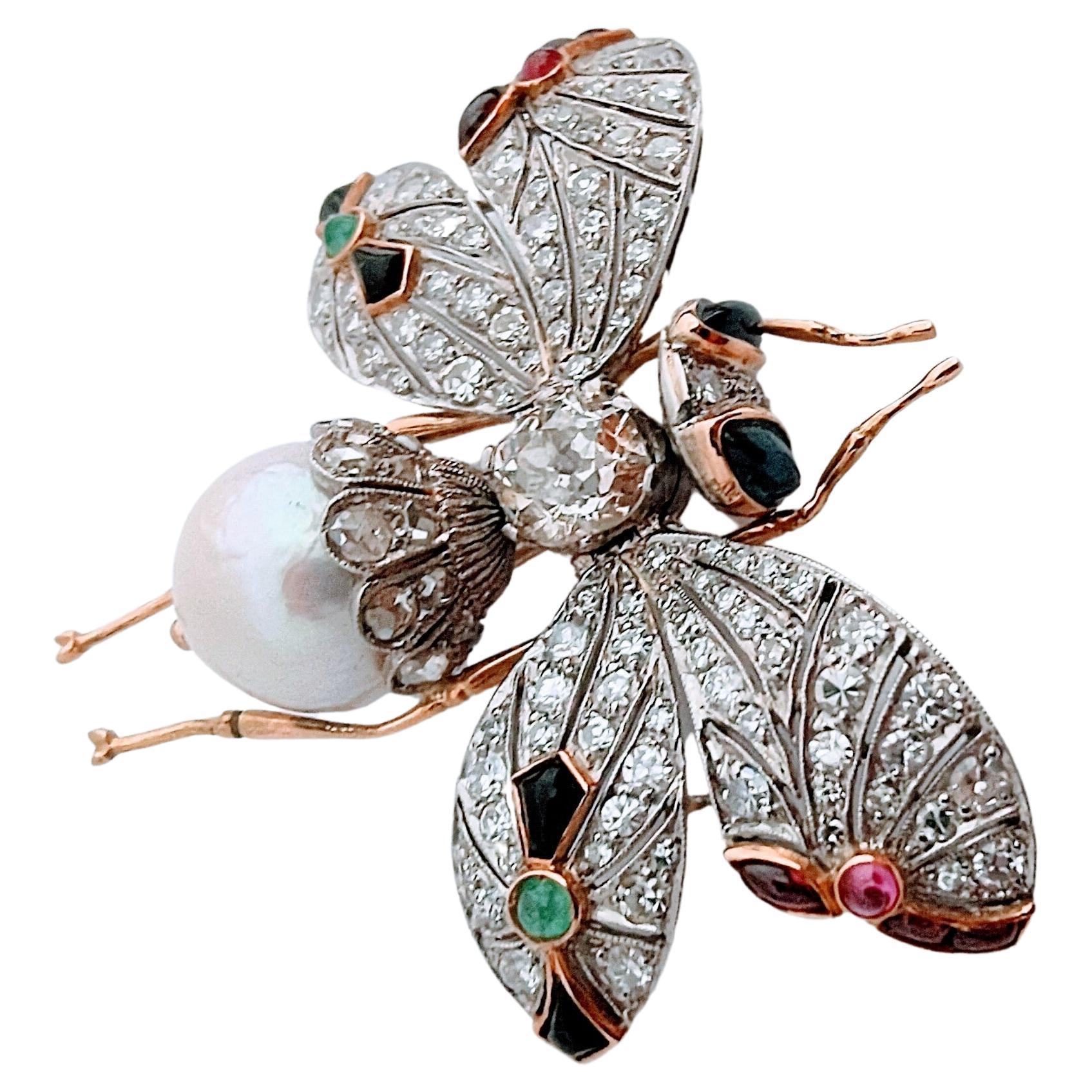 Vintage 20th Butterfly Old Mine cut Diamond 2.02 Ctw Cultured Pearl Platinum 18K For Sale