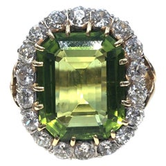 Vintage 21 Carat Emerald Cut Peridot and 3cts Old European Cut Diamond Halo Ring
