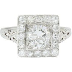Retro 2.14 Carat Diamond Platinum Square Halo Engagement Ring Circa 1940
