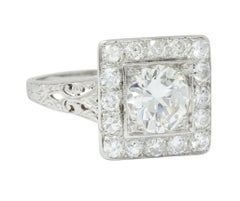 Retro 2.14 Carat Diamond Platinum Square Halo Engagement Ring Circa 1940