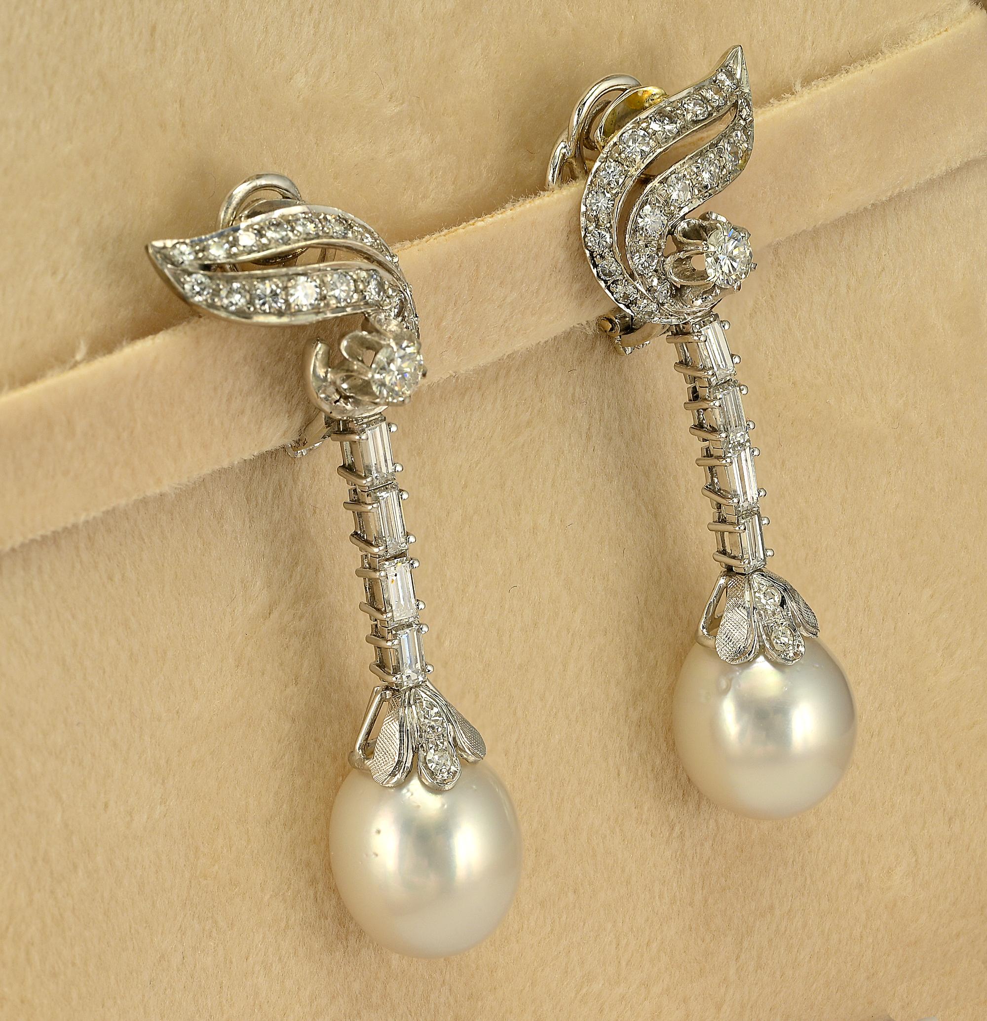 Women's Retro 2.15 Ct  G VVS Diamond South Sea Pearl Drop Earrings