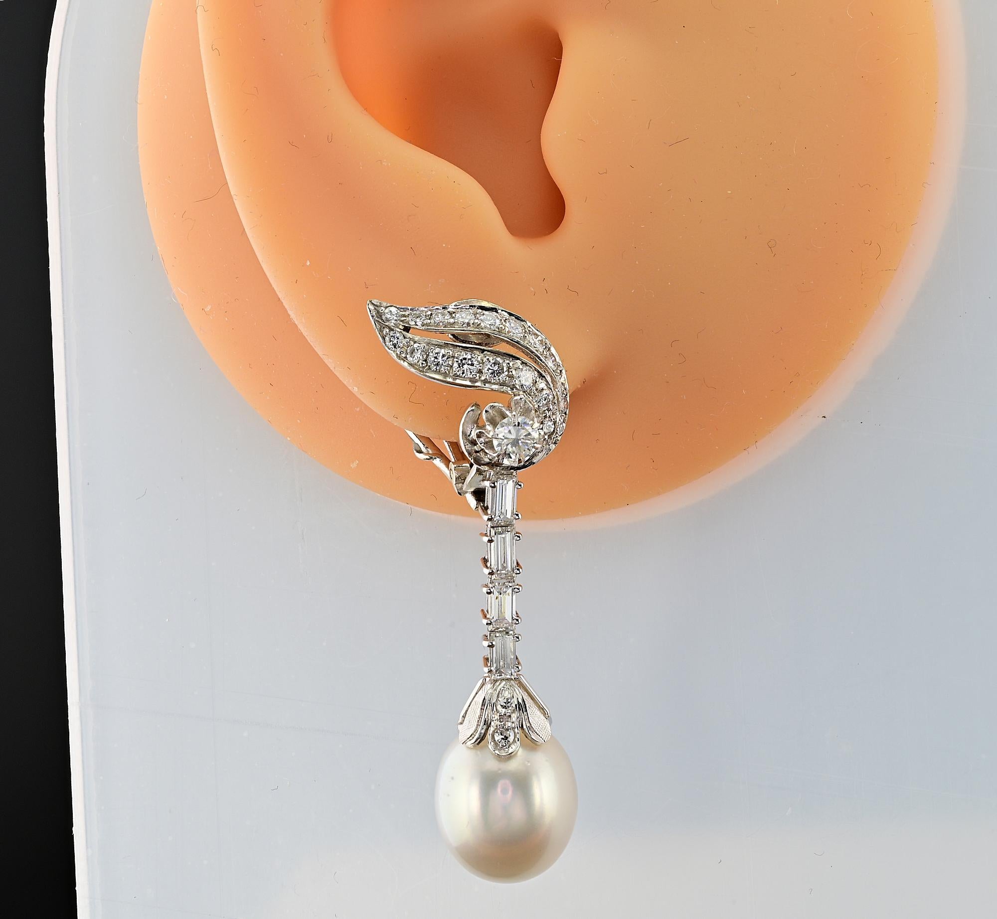 Retro 2.15 Ct  G VVS Diamond South Sea Pearl Drop Earrings 4