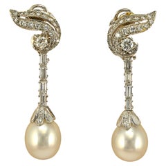 Retro 2.15 Ct  G VVS Diamond South Sea Pearl Drop Earrings