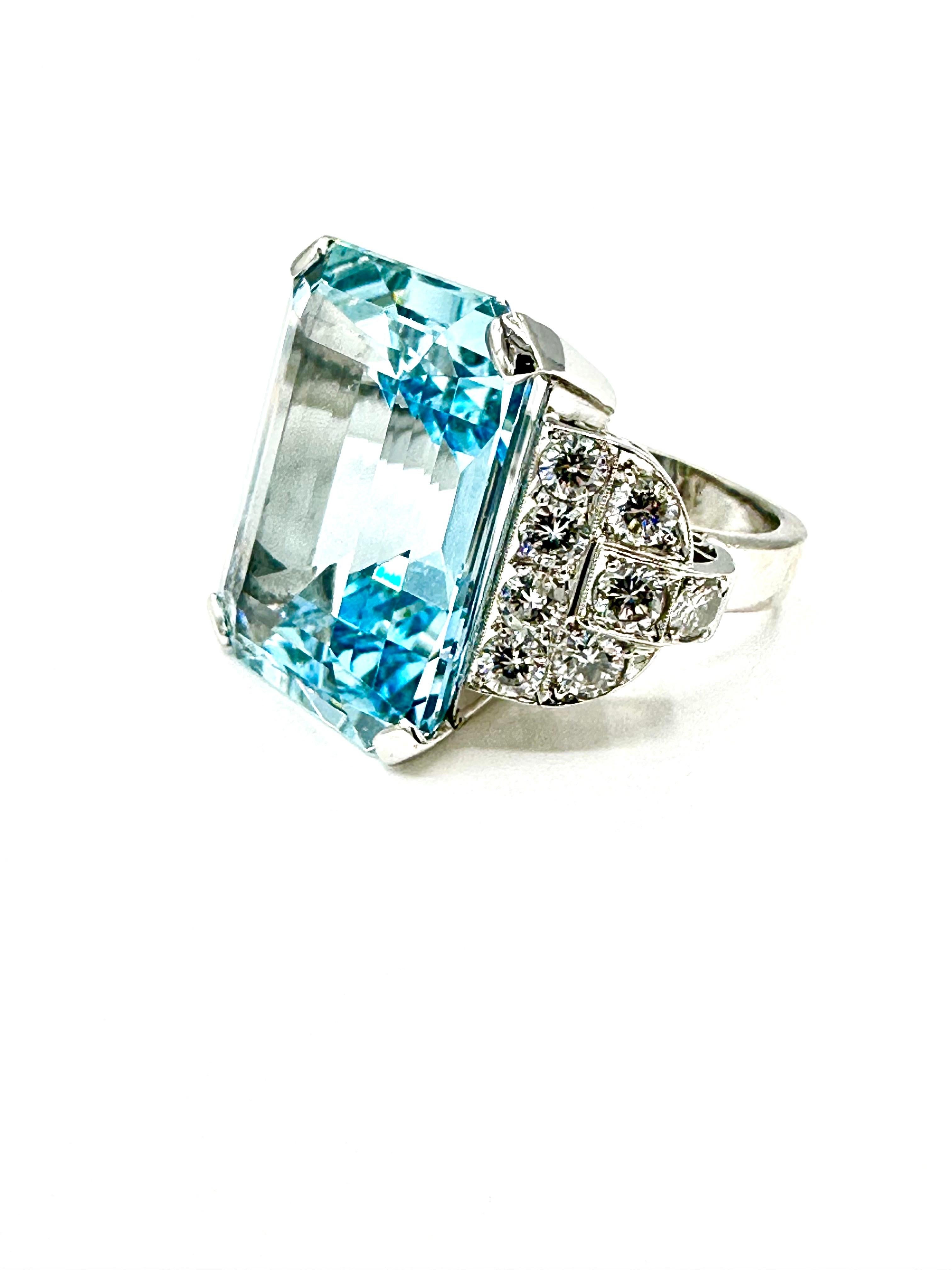 Retro 21.67 Carats Emerald Cut Aquamarine and Diamond Platinum Cocktail Ring For Sale 2