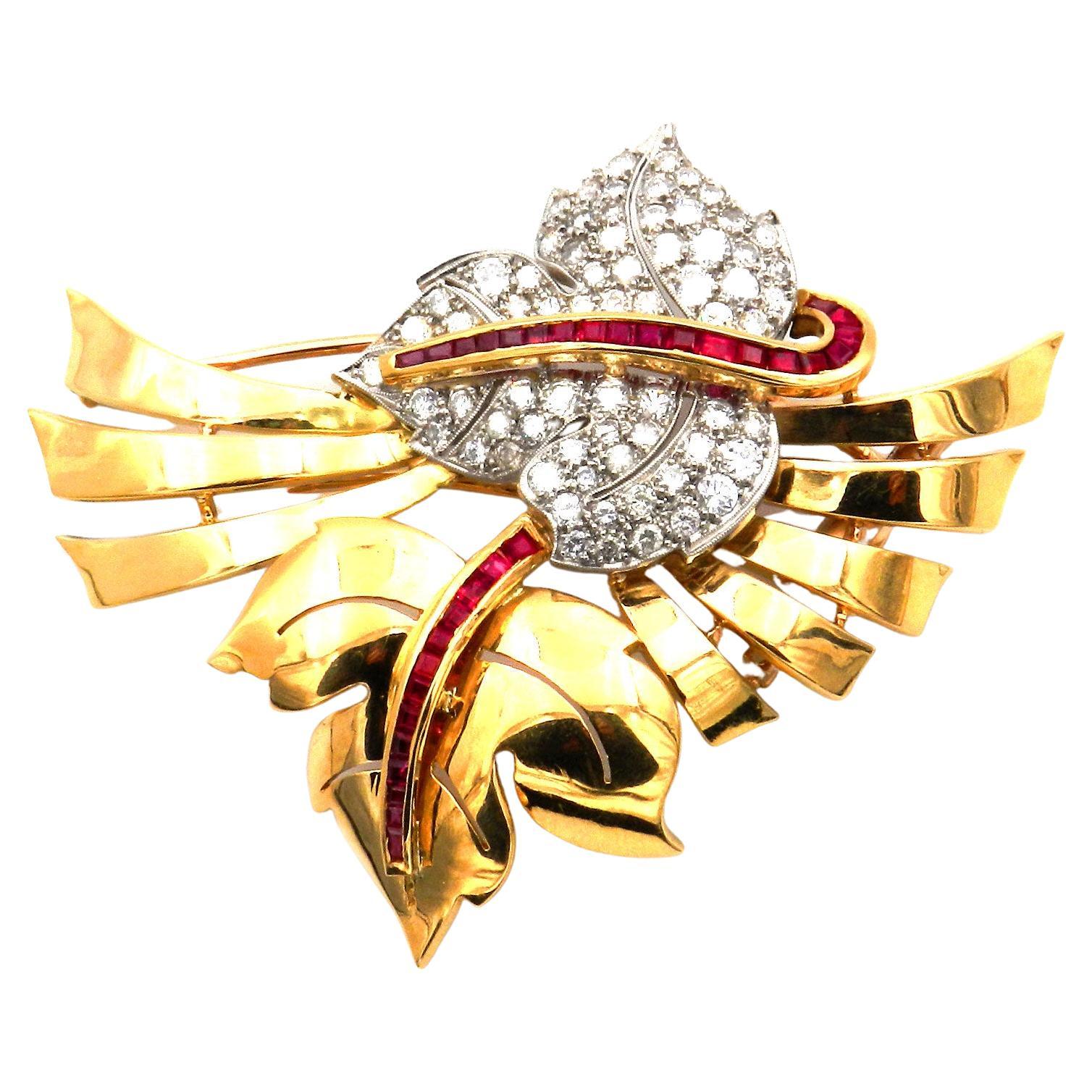 Retro 2.1ct Diamond Ruby Leaf Brooch in 18K Gold and Platinum, circa 1945 For Sale