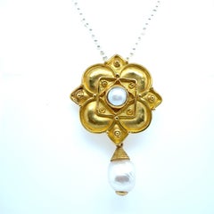 Retro 21K Gold Cultured Pearl Pendant Necklace Made in Italy Stamped 850