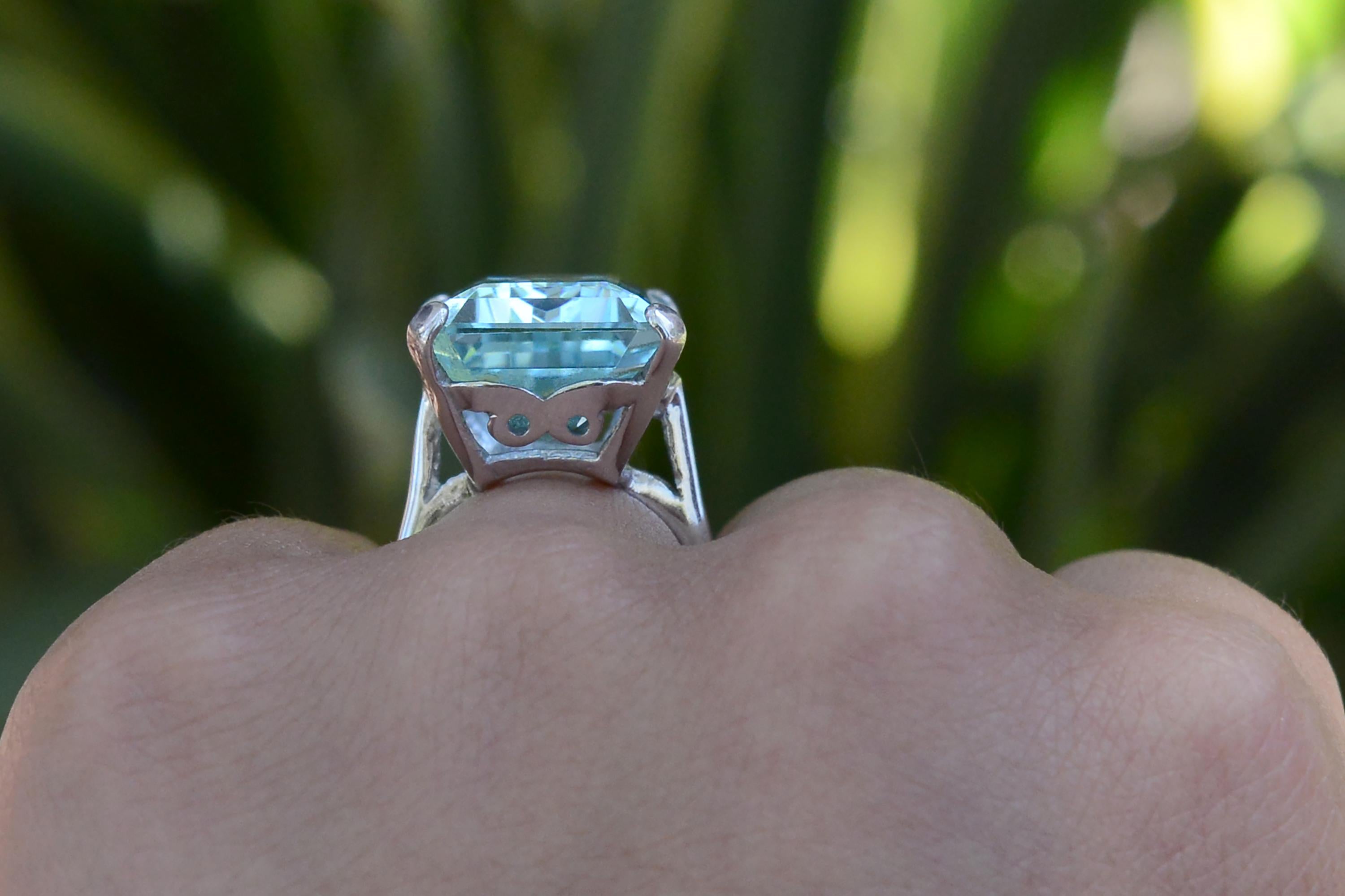 Women's or Men's Retro 22 Carat Emerald Cut Aquamarine Cocktail Ring