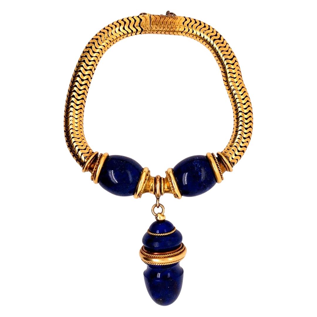 Retro 22 Karat Gold Bracelet Natural Lapis Lazuli Gem Stone, circa 1940