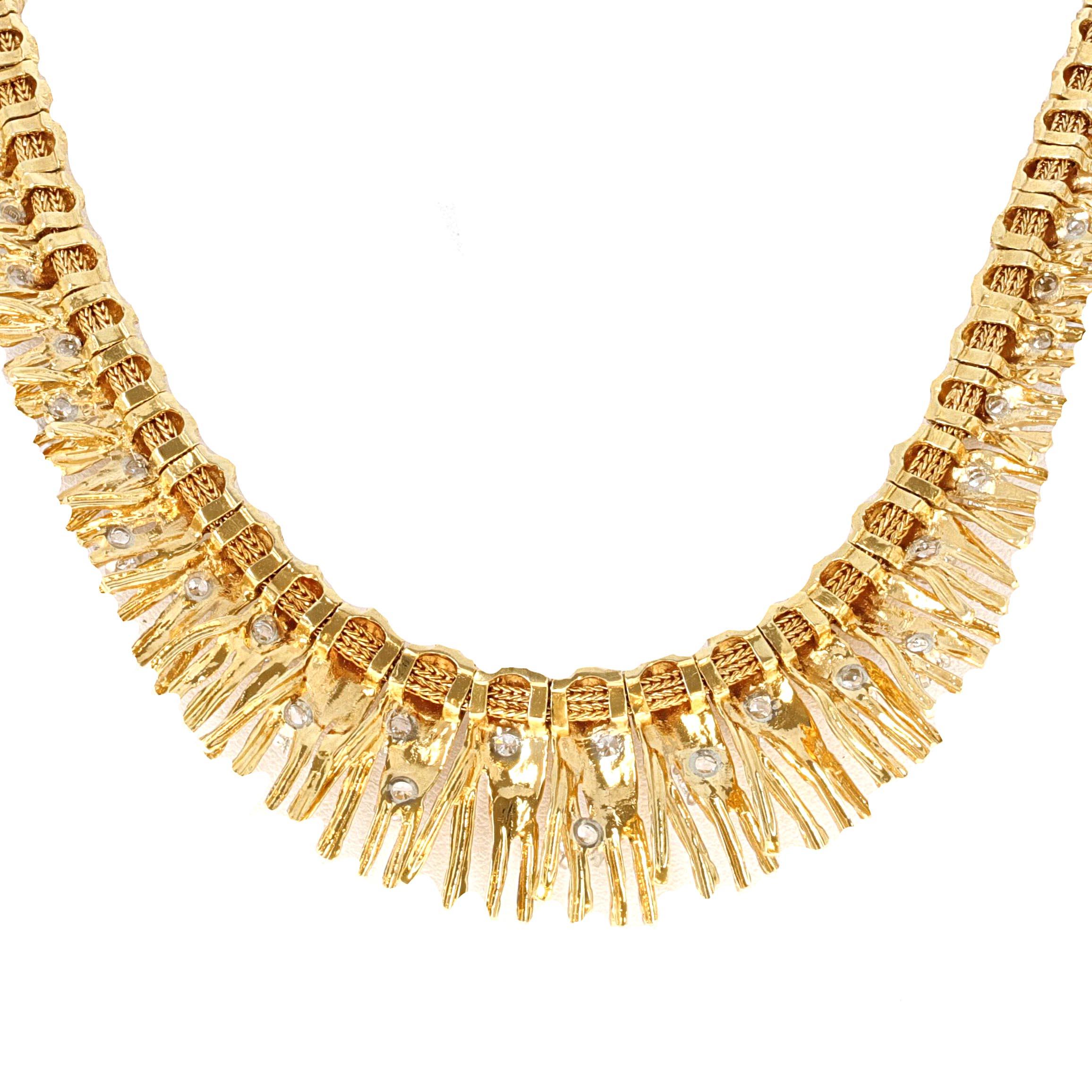 Retro 2.25 Carat Yellow Gold Bark and Diamond Necklace In Excellent Condition In Beverly Hills, CA