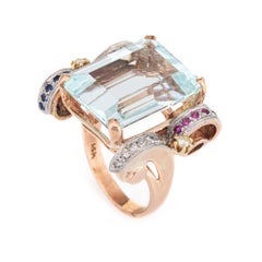 Retro 22 Ct Aquamarine Gemstone Ring Diamond 14k Rose Gold Fine Cocktail Jewelry