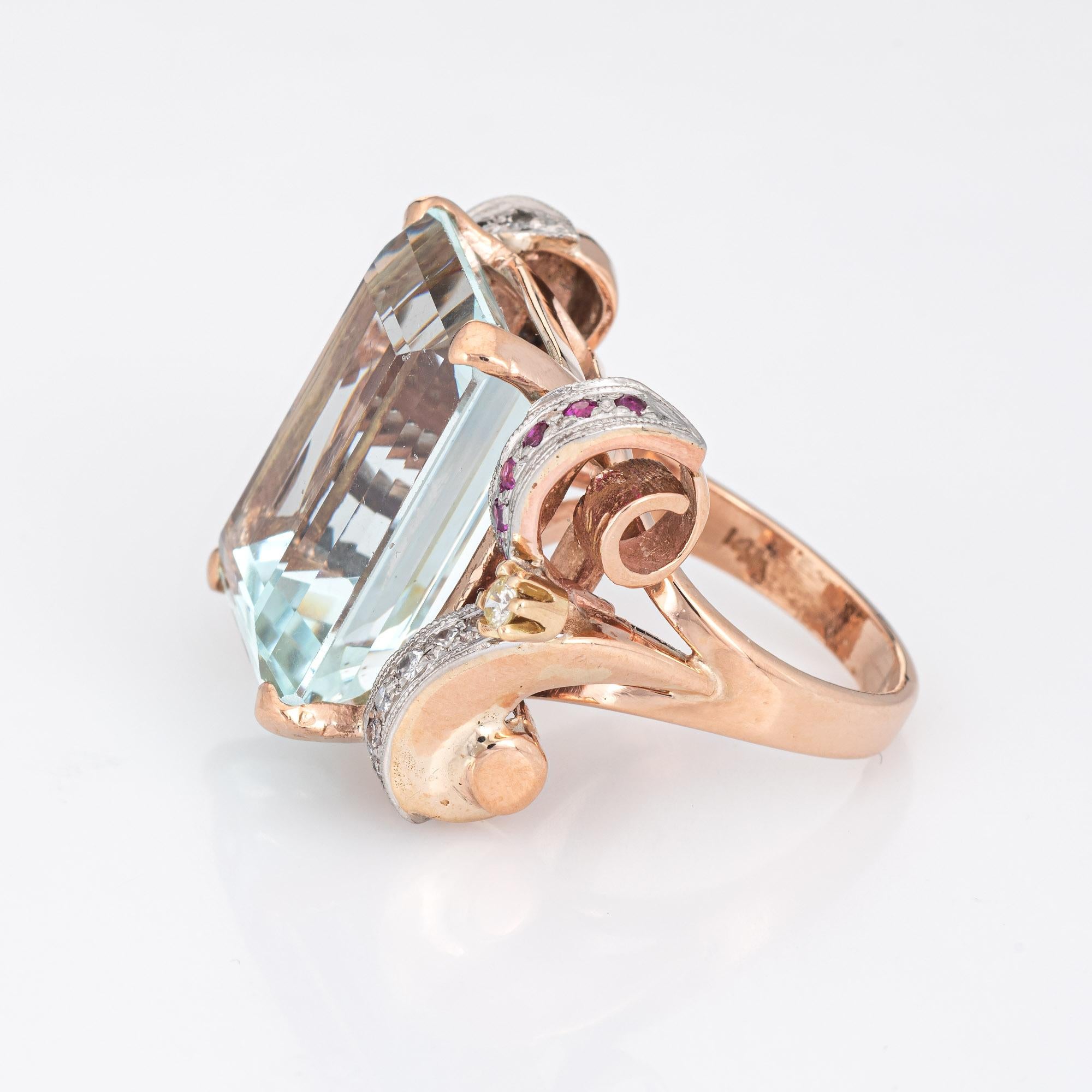 Emerald Cut Retro 22 Ct Aquamarine Gemstone Ring Diamond 14k Rose Gold Fine Cocktail Jewelry
