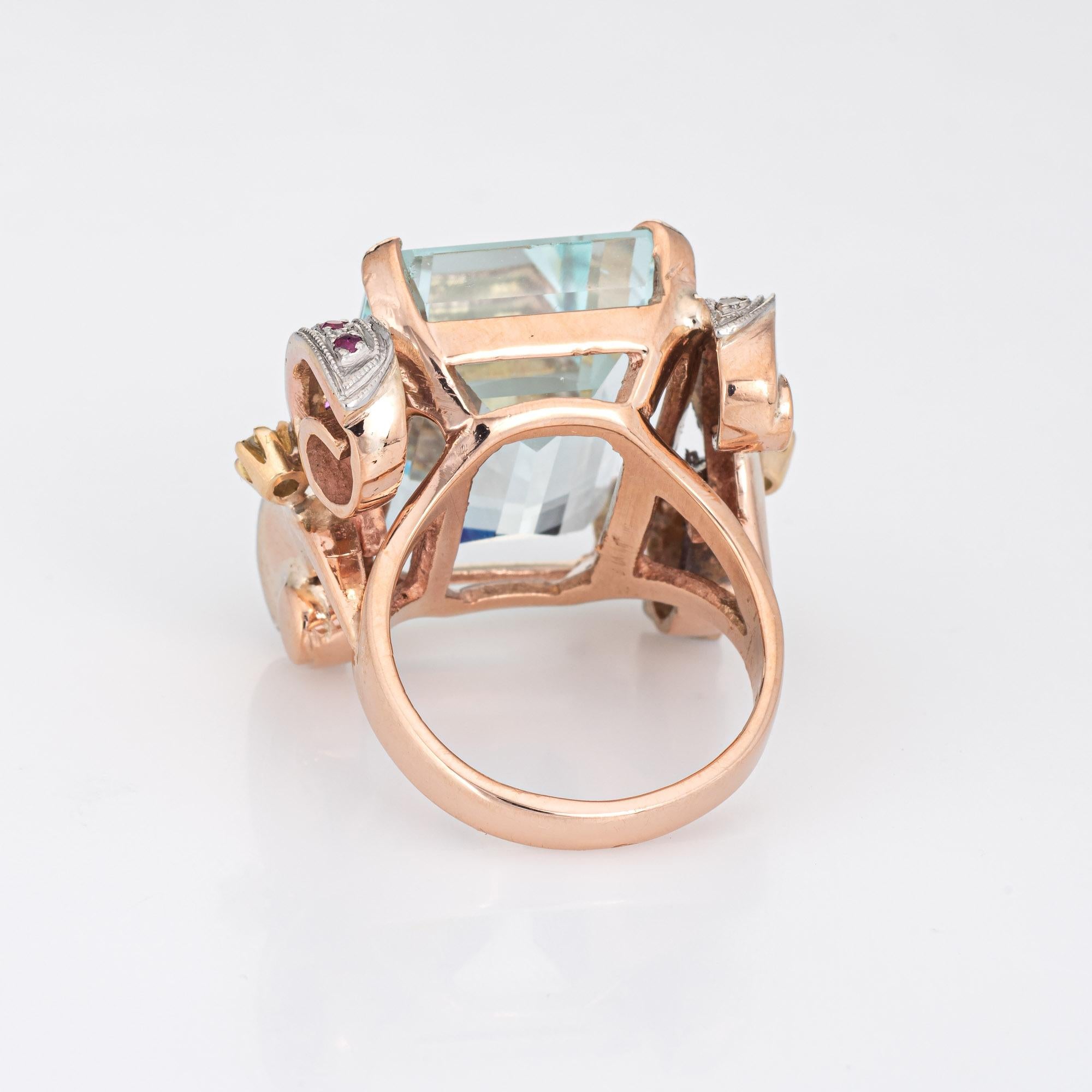 Retro 22 Ct Aquamarine Gemstone Ring Diamond 14k Rose Gold Fine Cocktail Jewelry In Good Condition In Torrance, CA