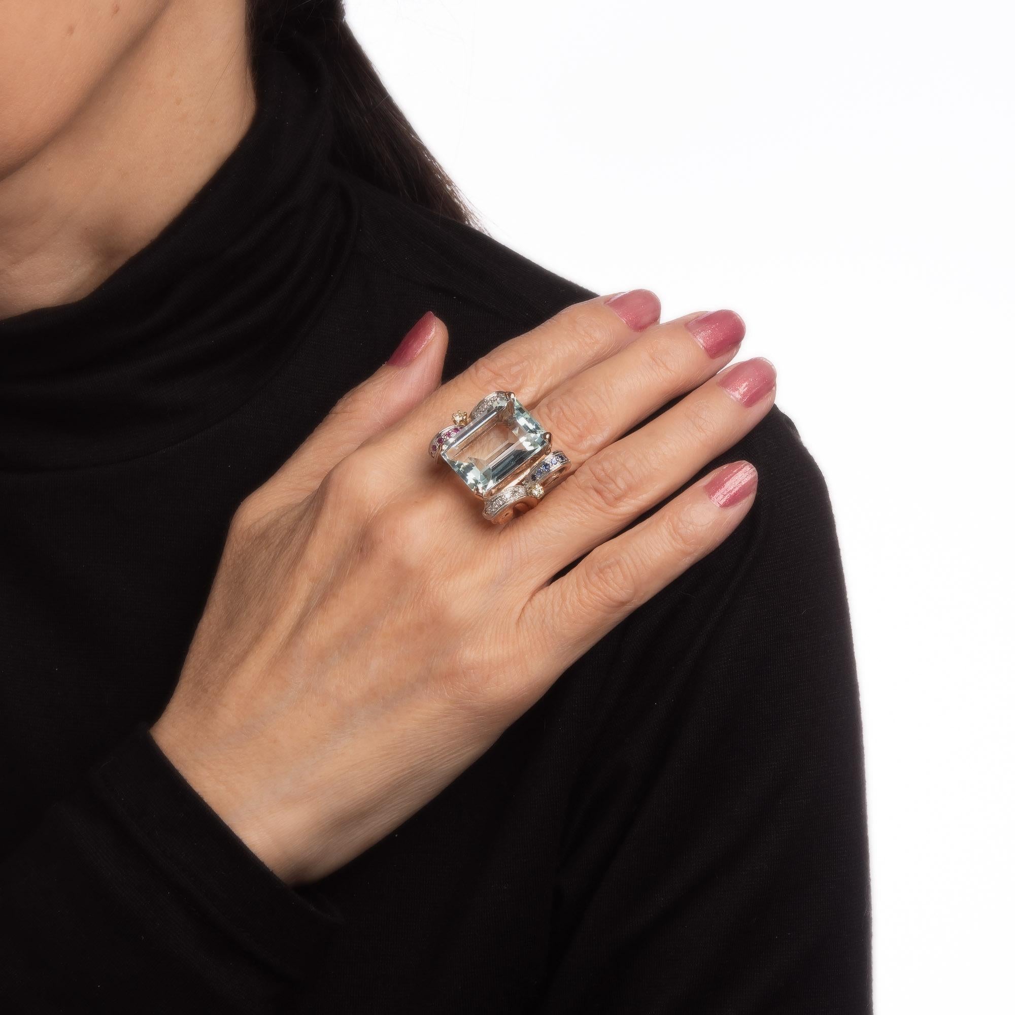Women's Retro 22 Ct Aquamarine Gemstone Ring Diamond 14k Rose Gold Fine Cocktail Jewelry