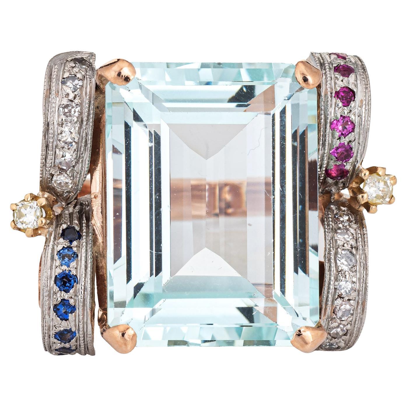 Retro 22 Ct Aquamarine Gemstone Ring Diamond 14k Rose Gold Fine Cocktail Jewelry