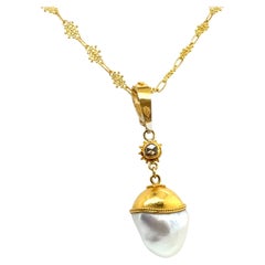 Retro 22K Yellow Gold 15mm Pearl Pendant Toggle Clasp Necklace Circa 1990