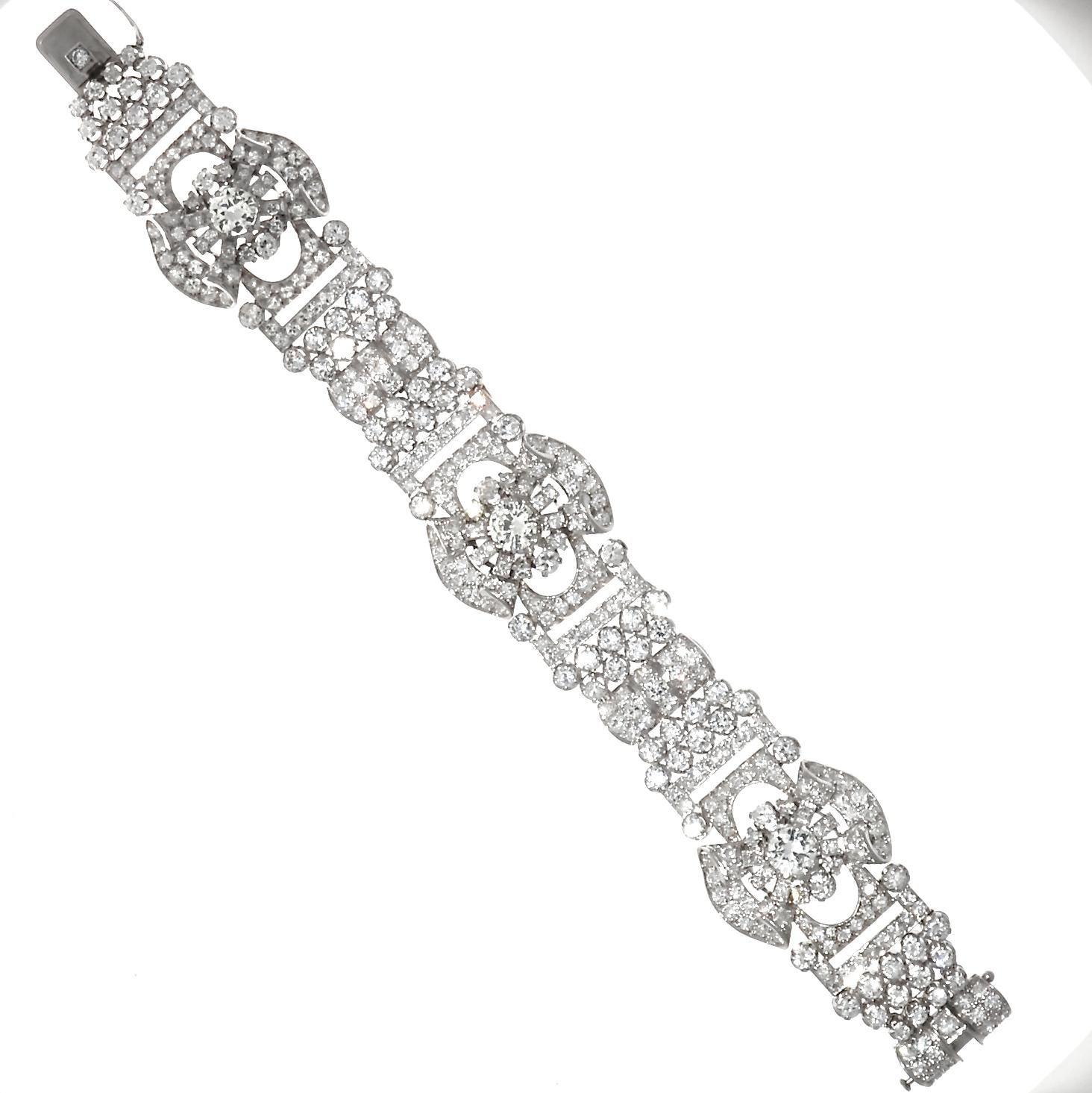 Fabulous and unique, the way you want all your jewelry to be. This Retro diamond platinum bracelet is just that, and more. Featuring an ornately glittering make up of diamonds weighing a total of 24 carats. With 3 noteworthy round brilliant