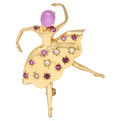 Retro 2.48 CTW Pink Star Sapphire Diamond 14 Karat Gold Vintage Ballerina Brooch