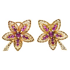 Retro 2.50 Carats Ruby 14 Karat Rose Gold Flower Earrings