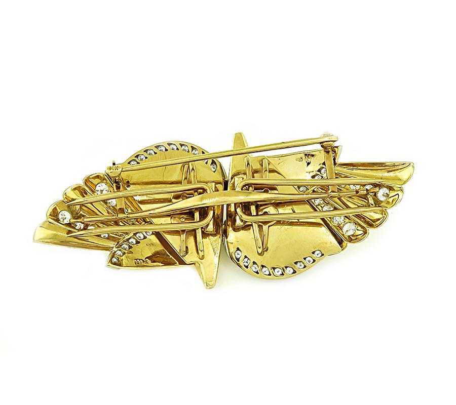 Retro 2.50ct Diamond Gold Double Clip Pin In Good Condition For Sale In New York, NY
