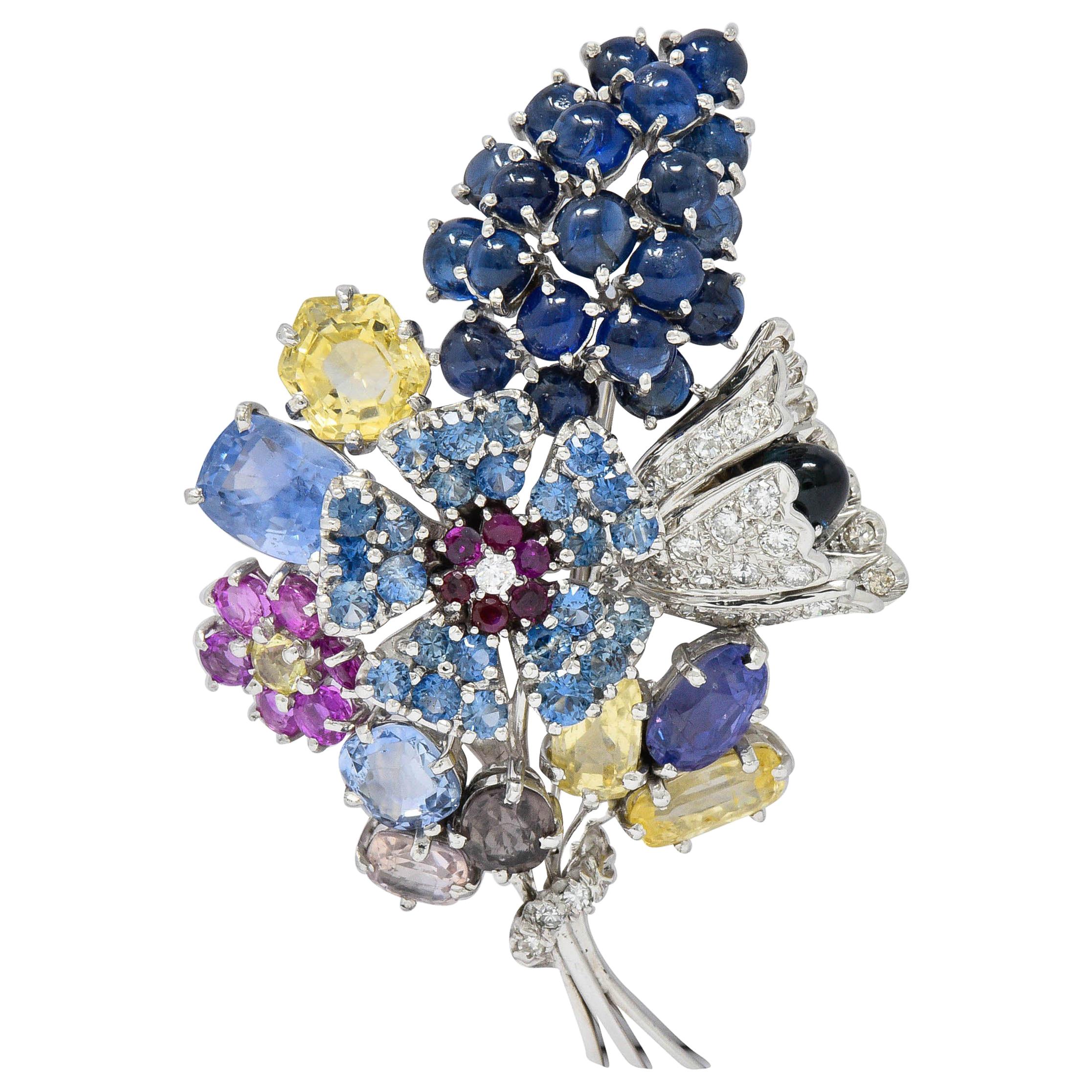 Retro 25.90 Carat Sapphire Diamond 14 Karat White Gold Bouquet Brooch