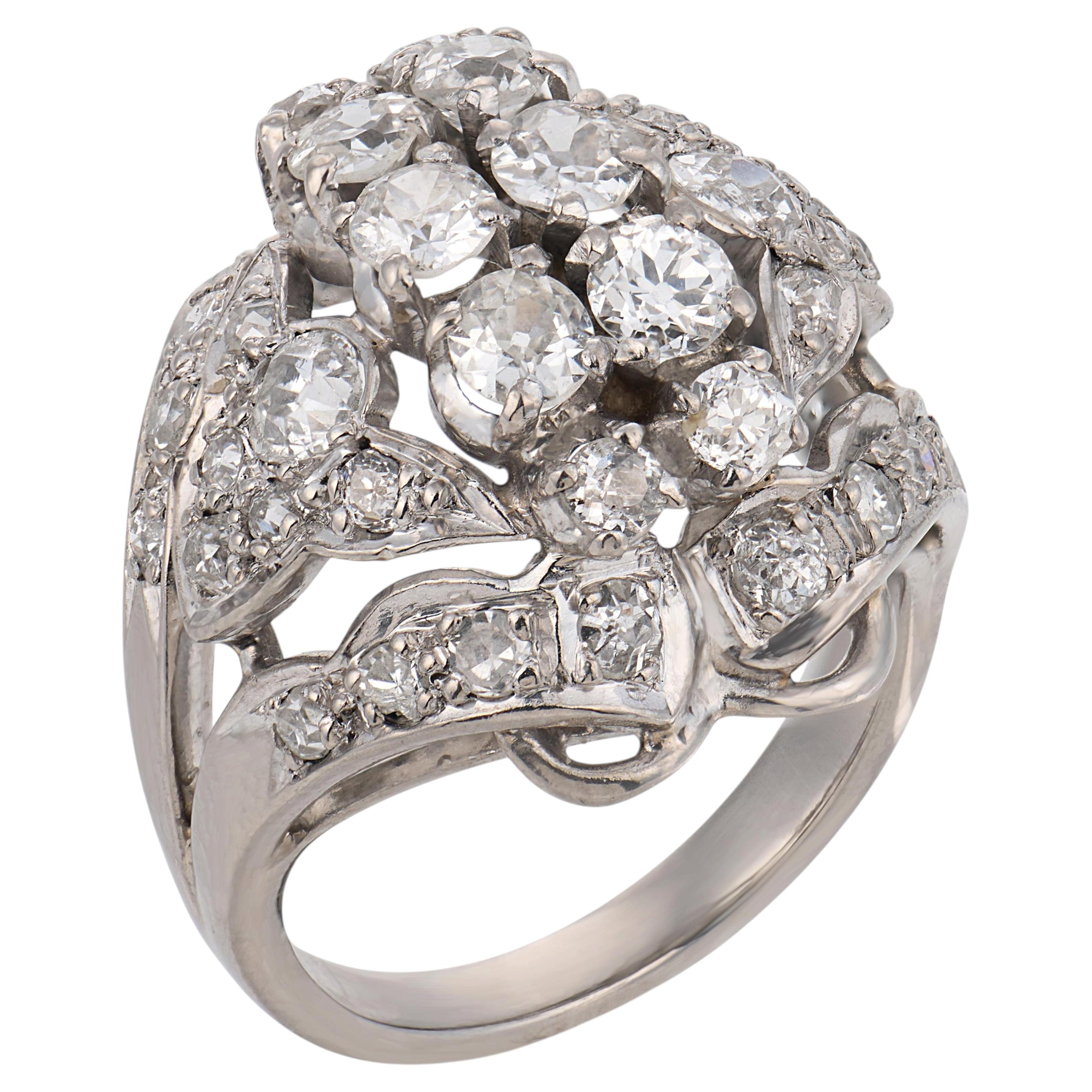 Retro 2.60 carat diamond 14k white gold cocktail ring