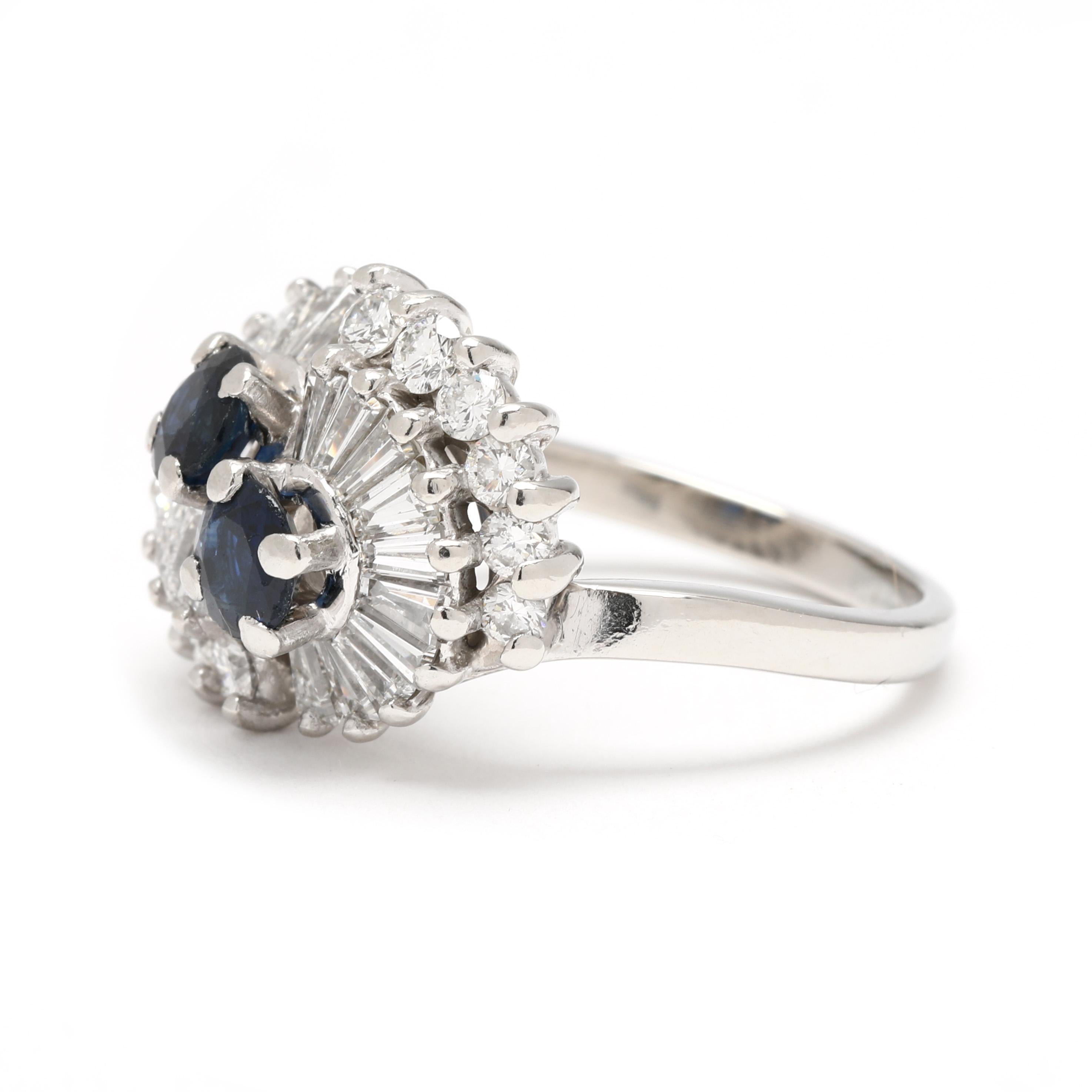 Taglio baguette Anello Ballerina retrò con diamante e zaffiro da 2,6 carati, platino, misura 6 in vendita