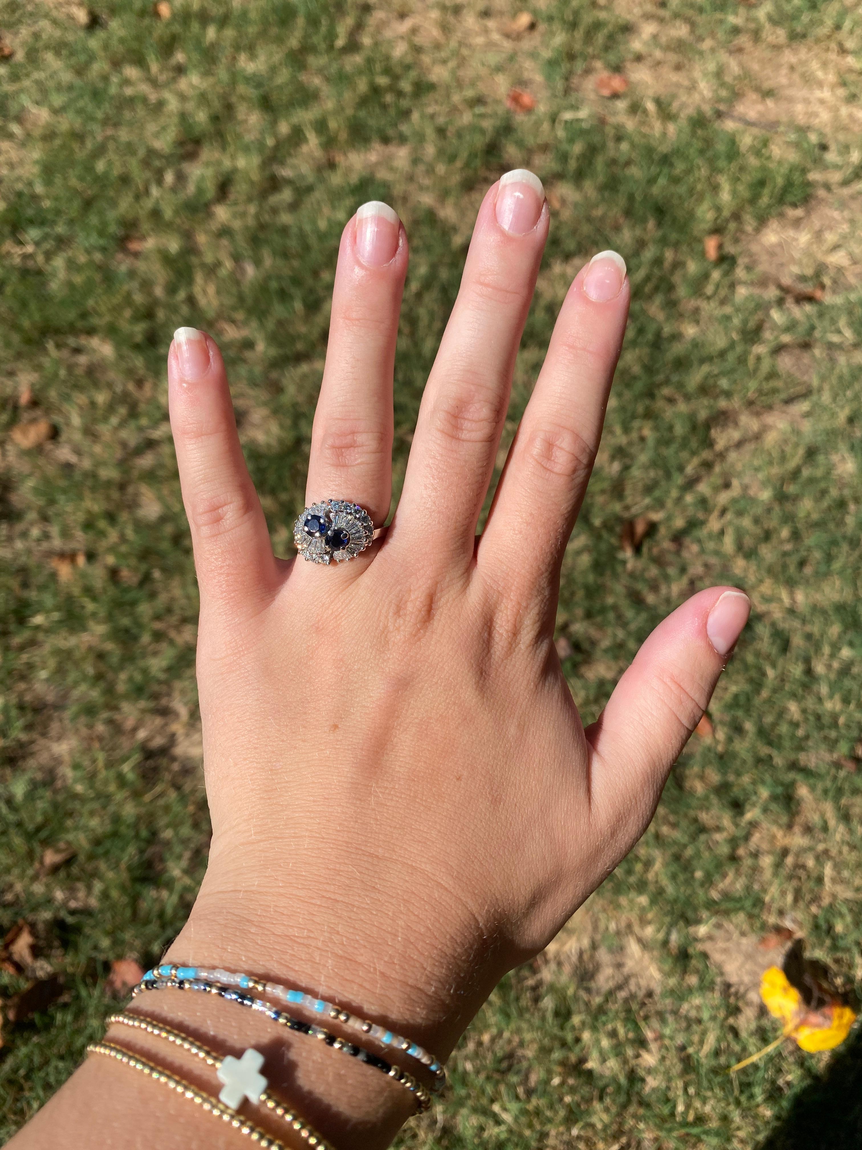 da uomo o donna Anello Ballerina retrò con diamante e zaffiro da 2,6 carati, platino, misura 6 in vendita