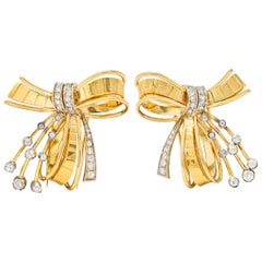 Retro 2.75 Carat Diamond 18 Karat Two-Tone Gold Bow Clips