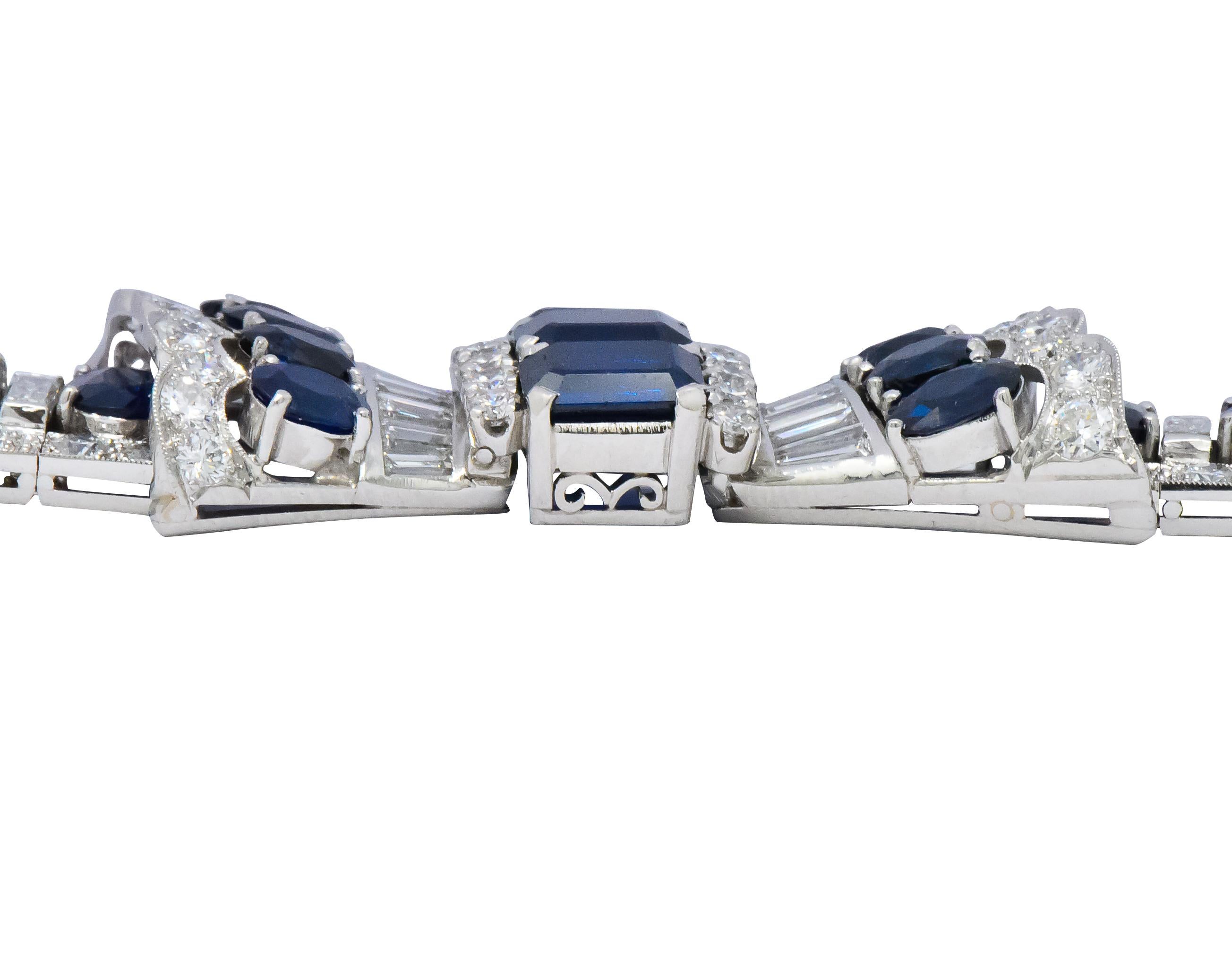 1950's Mid-Century 27.50 Carats Sapphire Diamond Platinum Bow Link Bracelet In Excellent Condition In Philadelphia, PA