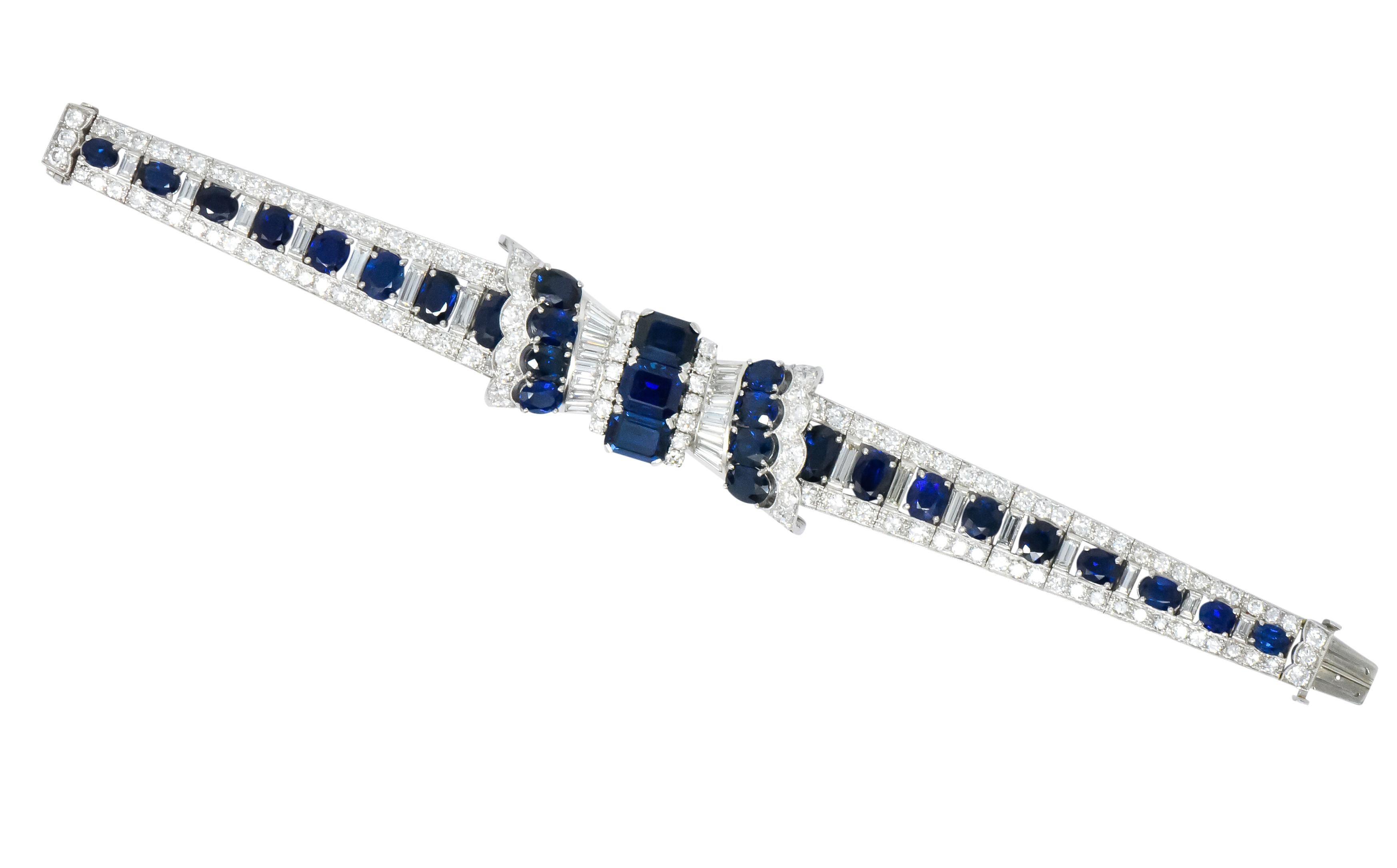 Women's or Men's 1950's Mid-Century 27.50 Carats Sapphire Diamond Platinum Bow Link Bracelet