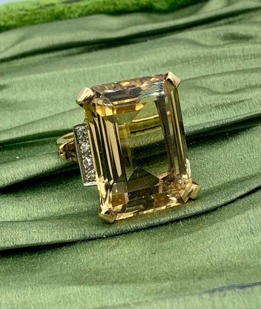 Retro 28 Carat Emerald Cut Citrine Ruby Diamond Ring 14 Karat Gold Art Deco For Sale 3