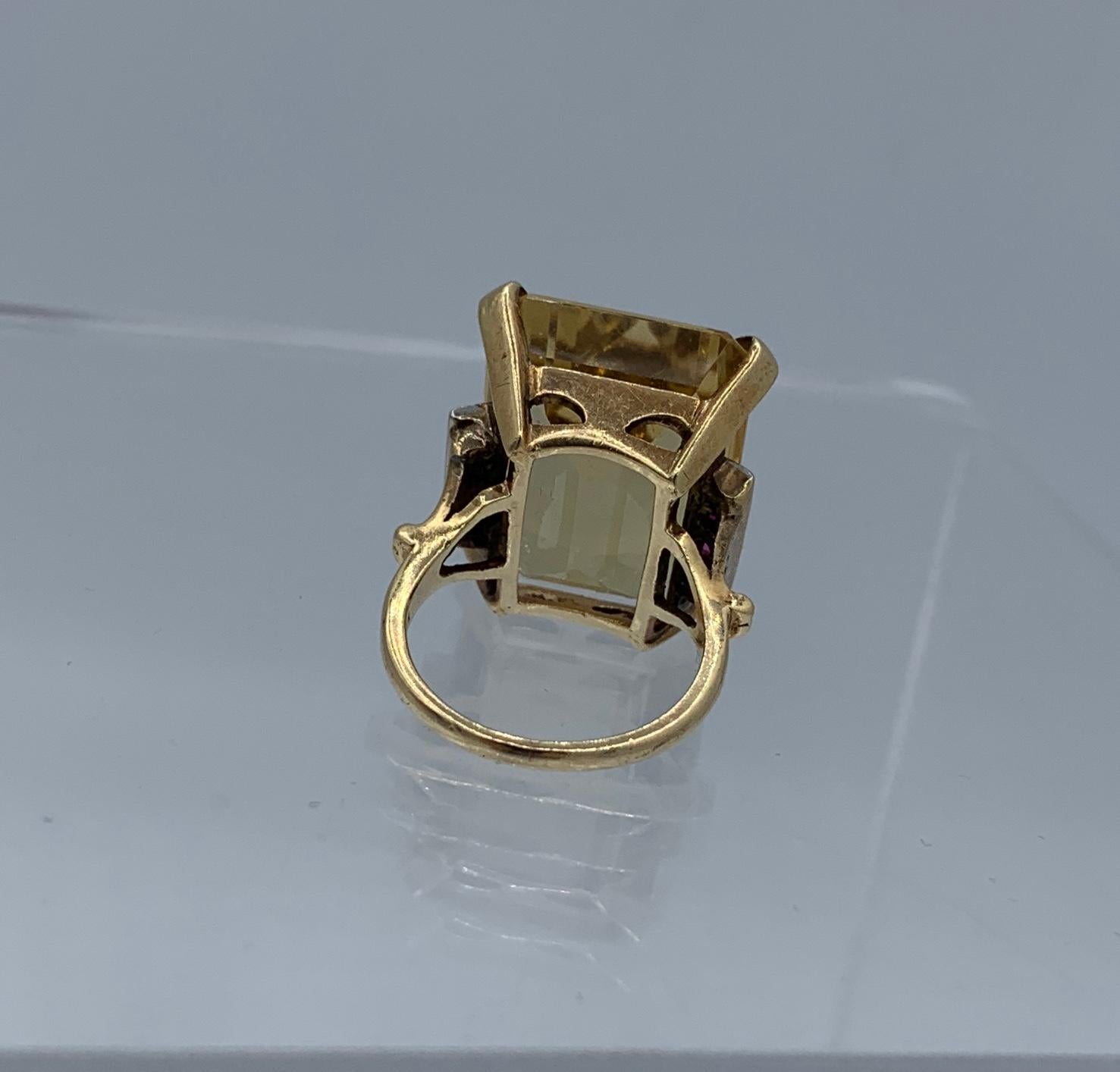 Retro 28 Carat Emerald Cut Citrine Ruby Diamond Ring 14 Karat Gold Art Deco For Sale 5