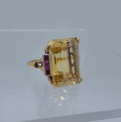 Retro 28 Carat Emerald Cut Citrine Ruby Diamond Ring 14 Karat Gold Art Deco