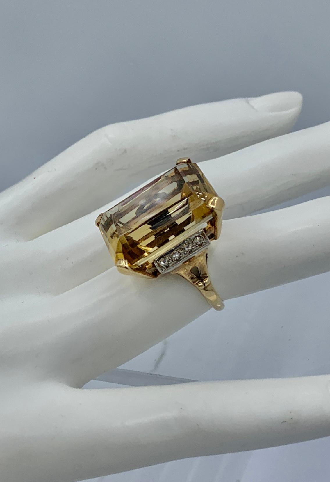 Retro 28 Carat Emerald Cut Citrine Ruby Diamond Ring 14 Karat Gold Art Deco In Excellent Condition For Sale In New York, NY