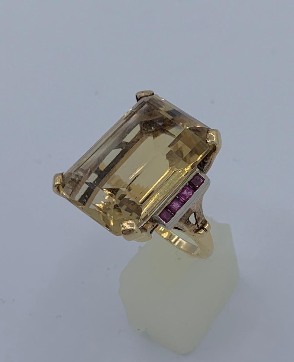 Women's Retro 28 Carat Emerald Cut Citrine Ruby Diamond Ring 14 Karat Gold Art Deco For Sale